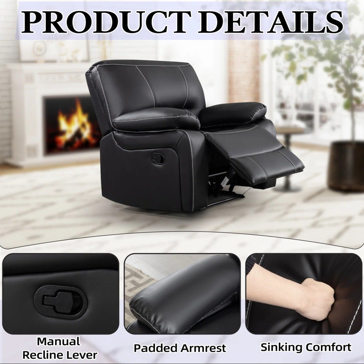 Breathable Leather Upholstered Manual Recliner Chair with Stitched Cushion Back by Urban Recliner - Image 4