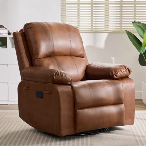 Modern Faux Tan Brown Leather Swivel Rocker Recliner Chair By Urban Recliner