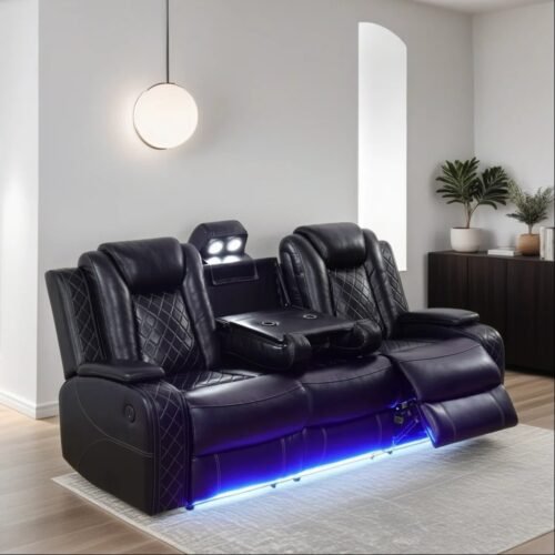 Keyia 83.5” Breathable Leather Power Reclining with LED and Reading Lighting Sofa